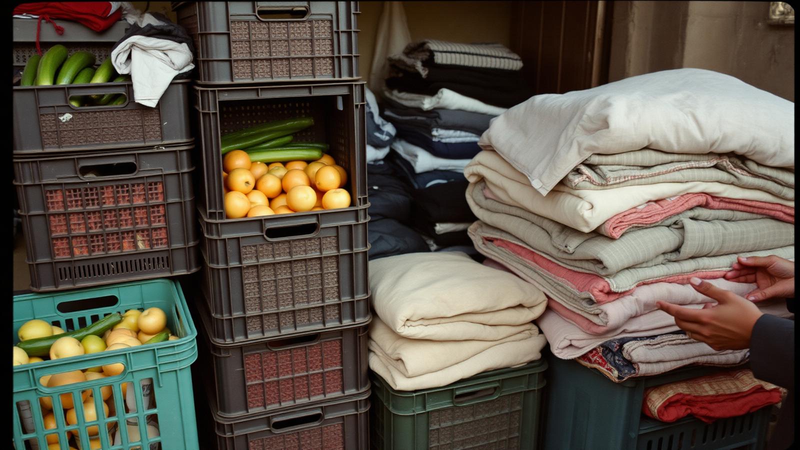 crates of vegetables and folded blankets sorted at a neighbourhood donation point