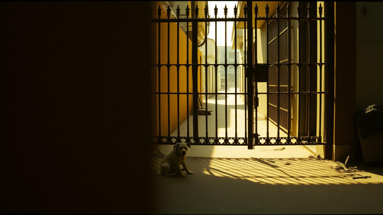 a dog resting in the shade beside a gate in a karachi lane